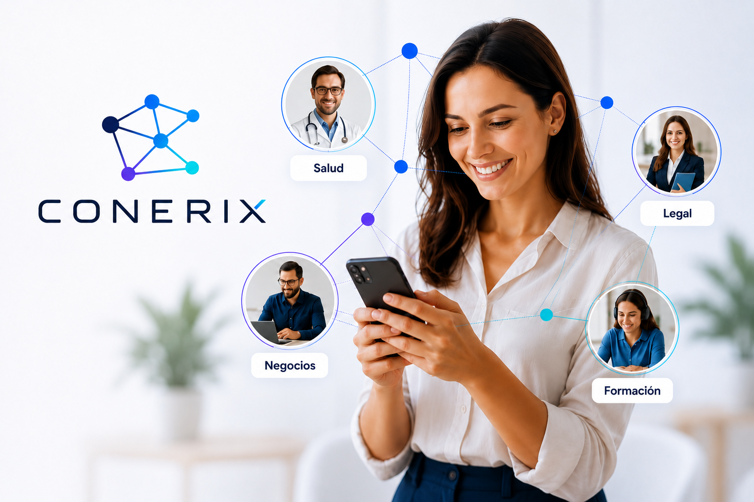 Persona conectándose con profesionales de salud, legal, servicios y formación
